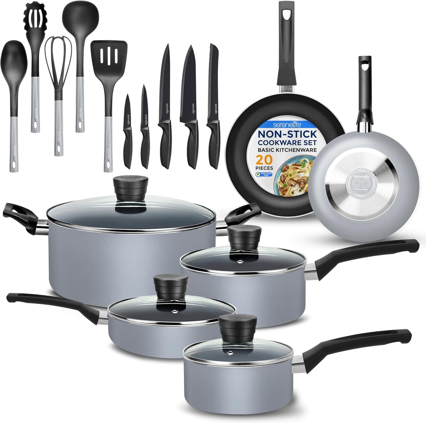 Serenelife 20-Piece Blue Cookware Set with Knives - Includes Multi-Sized Pots and Pans Set Non Stick with Lids and Utensils, Heat Resistant, Dishwasher Safe