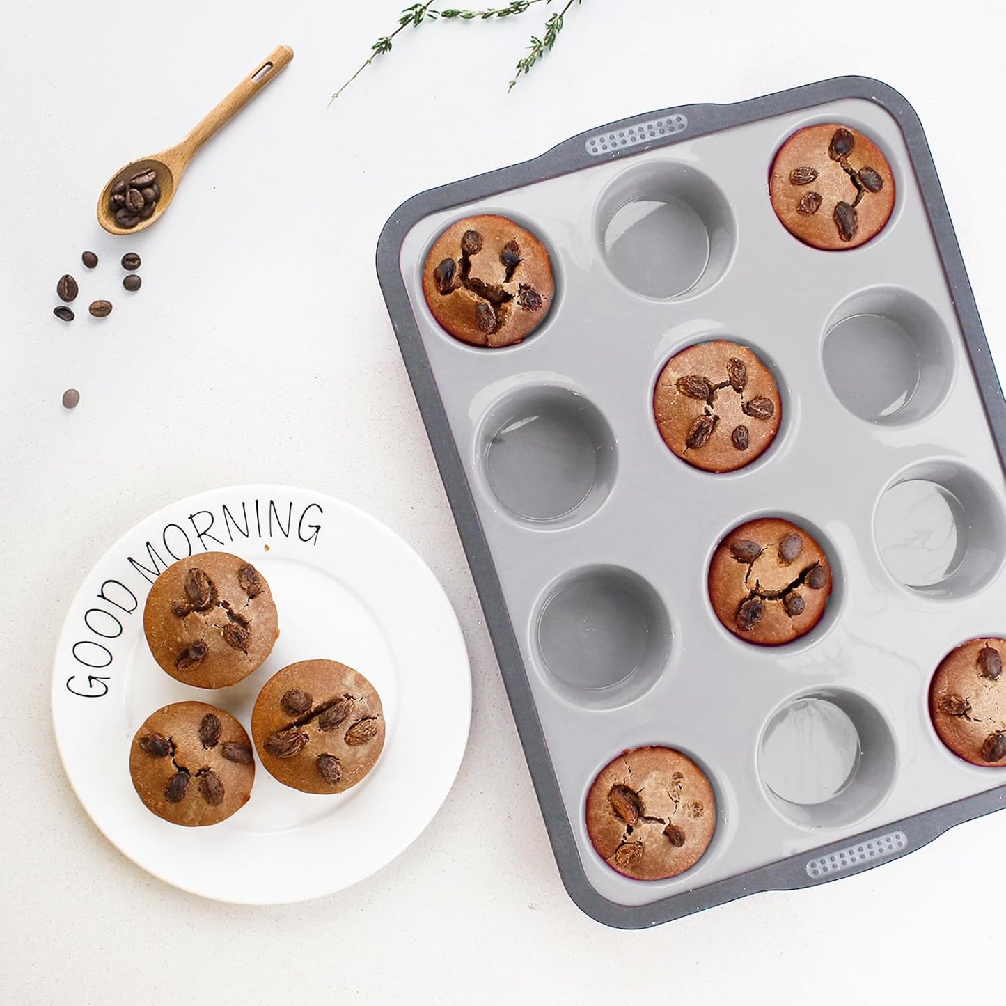 Aichoof Non-Stick Silicone Muffin Pan with Reinforced Stainless Steel Frame Inside,12 Cup Regular Muffin Baking Mold, 12 Cup Muffin Tin, BPA Free,Dishwasher Safe, Gray