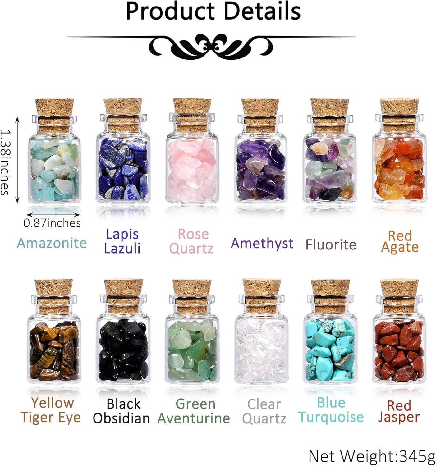 Crystaltears 12 Crystal Gemstone Bottles Reiki Chip Crystals for Witchcraft Healing Tumbled Gem Wicca Stones Set with Gift Box for Meditation Home Decoration Christmas Gift (12Pcs)