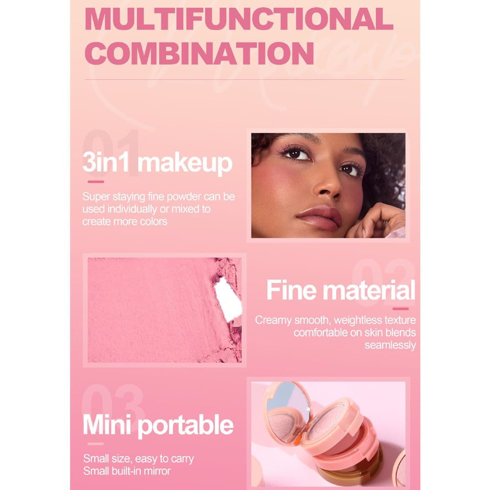 Blush and Highlighter Palette,3 in 1 Contour Palette,Cruelty-Free Matte Bronzer Powder,Women'S Brightening Pearlescent Highlighter,Eyeshadow Powder Makeup Set (03#)