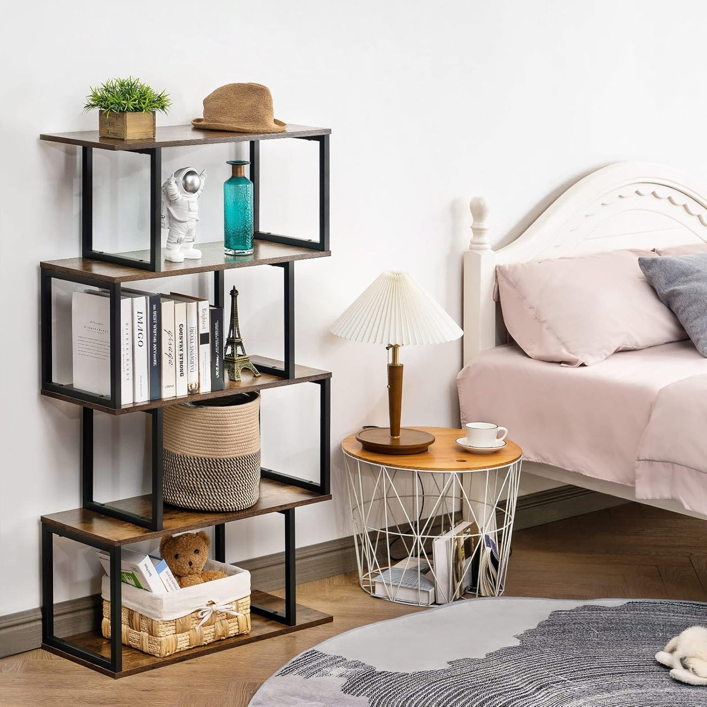 Apicizon Industrial Bookshelves Wooden Bookcase, 4-Tier Bookshelf, S-Shaped Bookshelf Modern Bookshelf, Freestanding Decorative Storage Shelving for Living Room Home Office, Rustic Brown