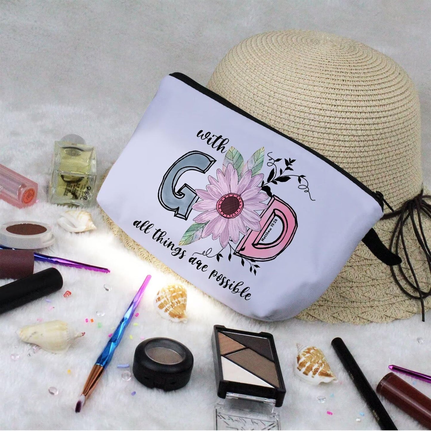 Bible Quotes Makeup Bag Small Organizer Zipper Pouch with God All Things Are Possible Cosmetic Bag Christian Present for Women Friends