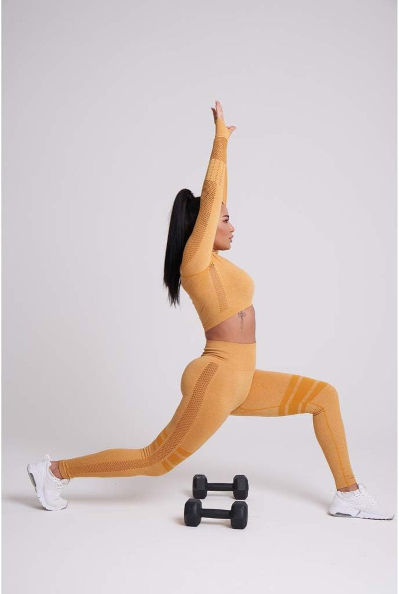 MANON ROSA Workout Sets Women 2 Piece Gym Outfits Seamless Yoga Long Sleeve Crop Top Stripes Legging Mesh Yellow Medium