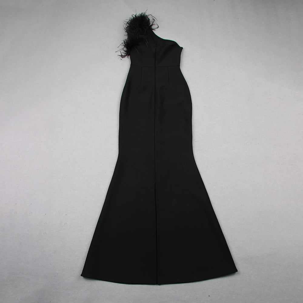 Women's Black Elegant Sleeveless One Shoulder Feathers Formal Bandage Party Dresses