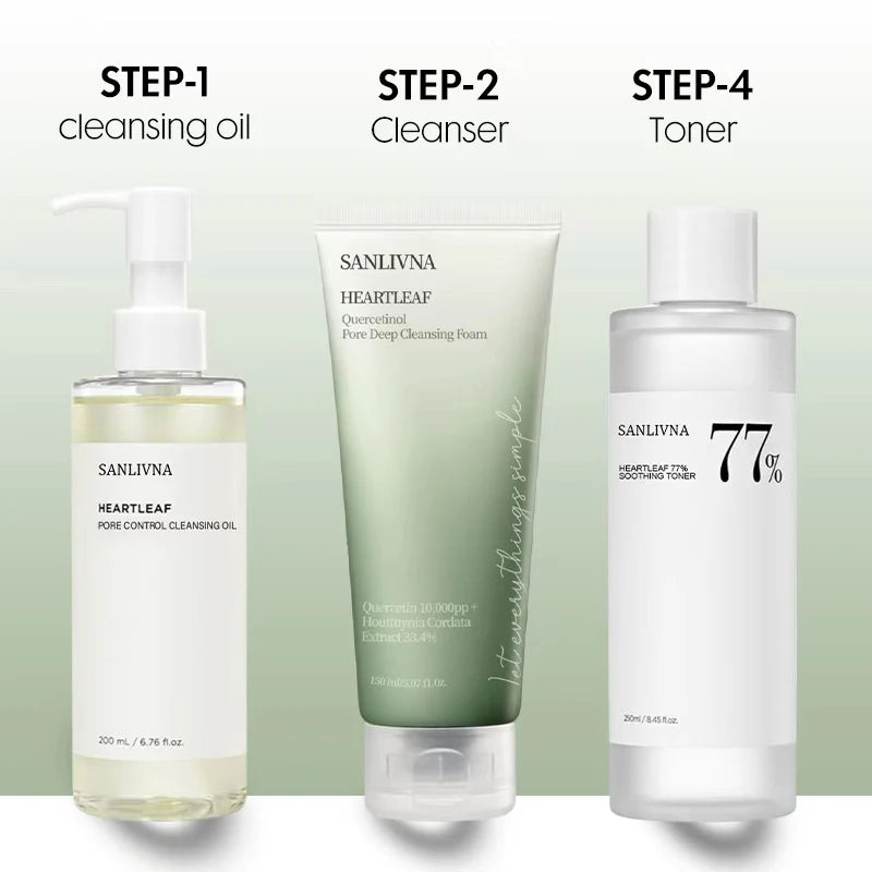 Coffret 3 pièces Sanlivna Soin coréen Heartleaf - Nettoyage apaisant et soin des pores à la quercétine