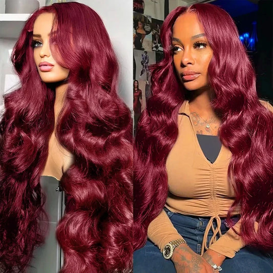 99j burgundy 13x6 Lace Front Human Hair 200 Density Body Wave 13x4 30 36 Inch Red Colored Lace Frontal Wigs Brazilian For Women