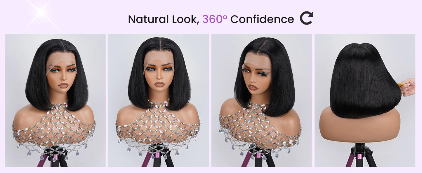 250% Density Glueless Bone Straight 13x6 Short Bob Half Lace Front Wig HD Frontal Braided Black 100% Human Hair Wigs