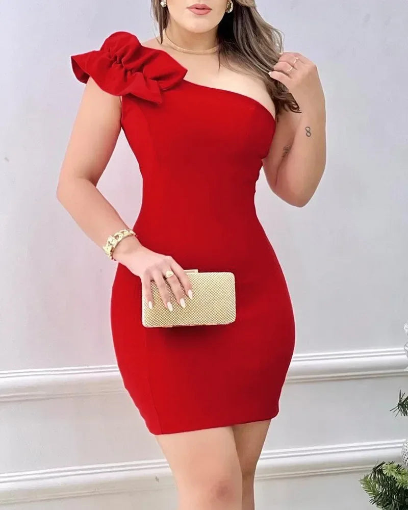Sexy Mini Dress Women 2025 Summer New Fashion One Shoulder Ruffle Hem Bodycon Dress Elegant Woman Clothing Party Dresses