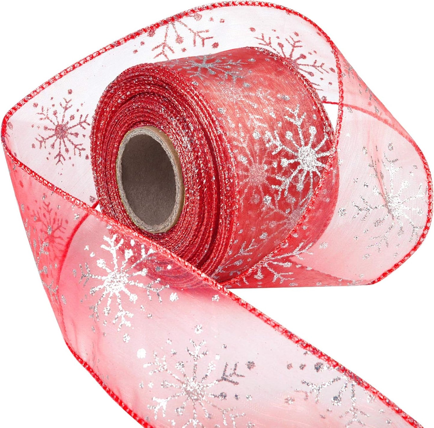 2.5 Inch Wide Christmas Wired Ribbon Snowflake Organza Sheer Glitter Ribbon for Xmas Tree, Wreath, Party Decoration, Gift Wrapping (Silver, 65.7 Foot (Pack of 1))