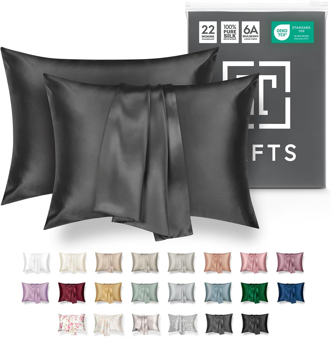Tafts Pillow Cases - 22Mm 100% Pure Mulberry 6A Silk Pillowcase for Hair & Skin with Zipper Closure, Cooling, Natural, Organic, Double Sided Silk Pillow Case (Midnight Black, Queen 20X30 1Pc)