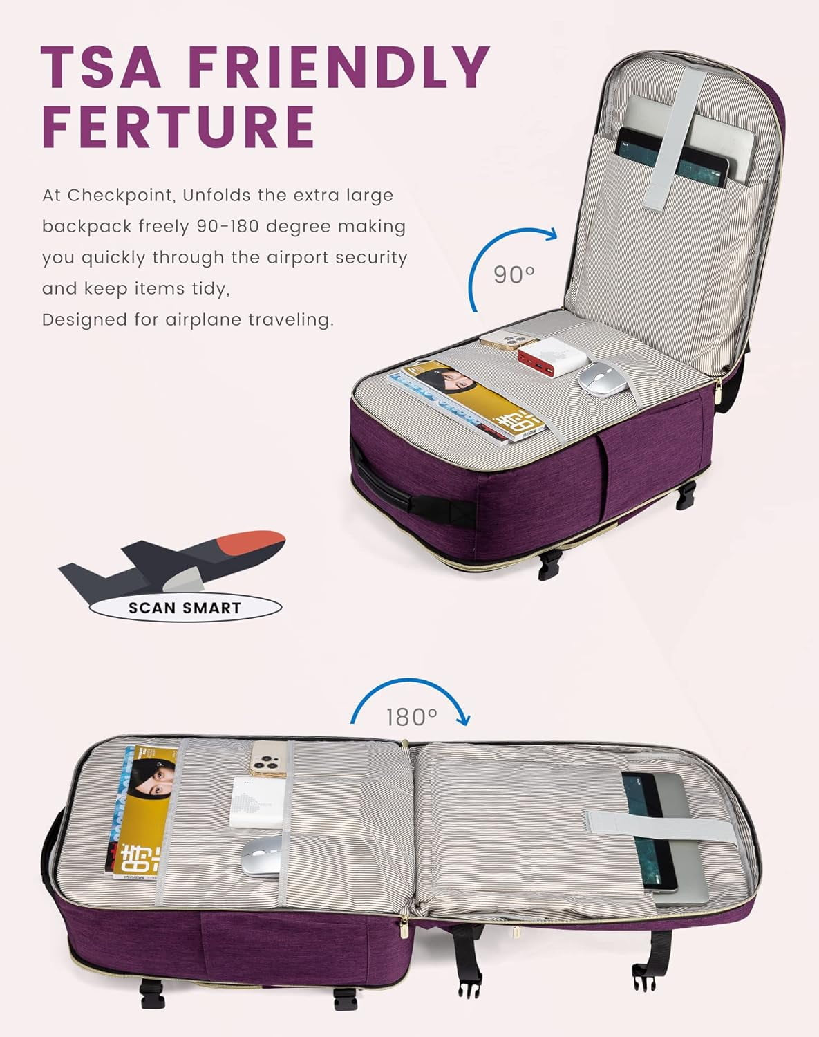 Travel Luggage Backpack,Laptop Backpack for Women 17.3",40L Waterproof Carry-On Business Daypack Flight Approved Large Weekender Overnight Bag with 3 Packing Cubes