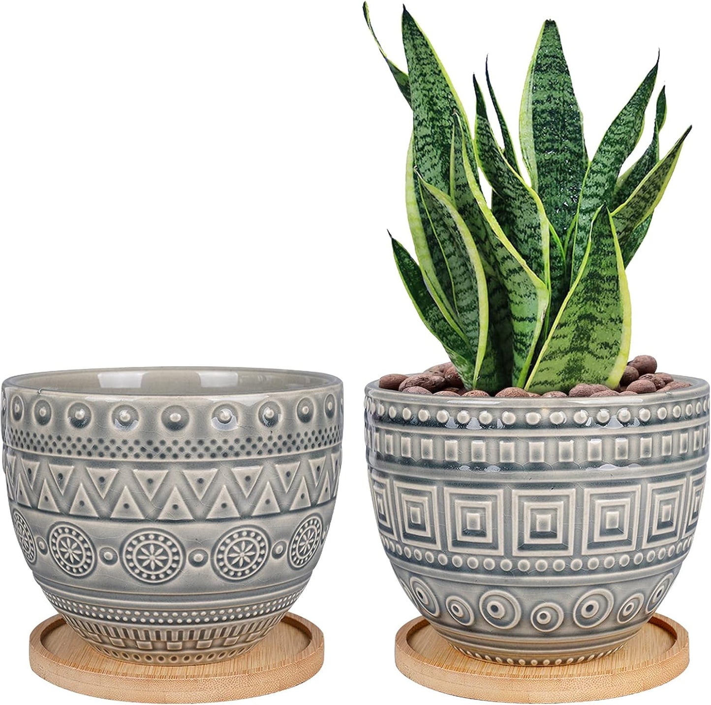 G Epgardening 5.5In Geometry Ceramic Planter Large round Succulent Planter Flower Pot Indoor and Outdoor Brown Set of 2