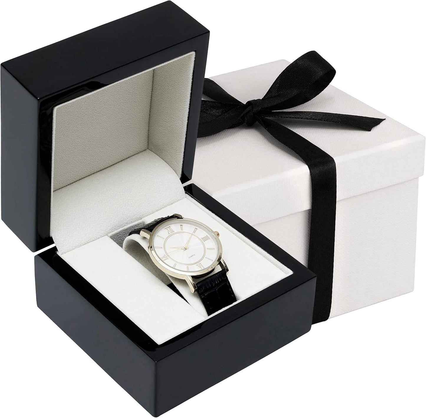 Noble Piano Wood Ring Box - Luxury Engagement Ring Box for Proposal Ring or Special Occasions - Comes with a Two Piece Packer and Ribbon (Black)