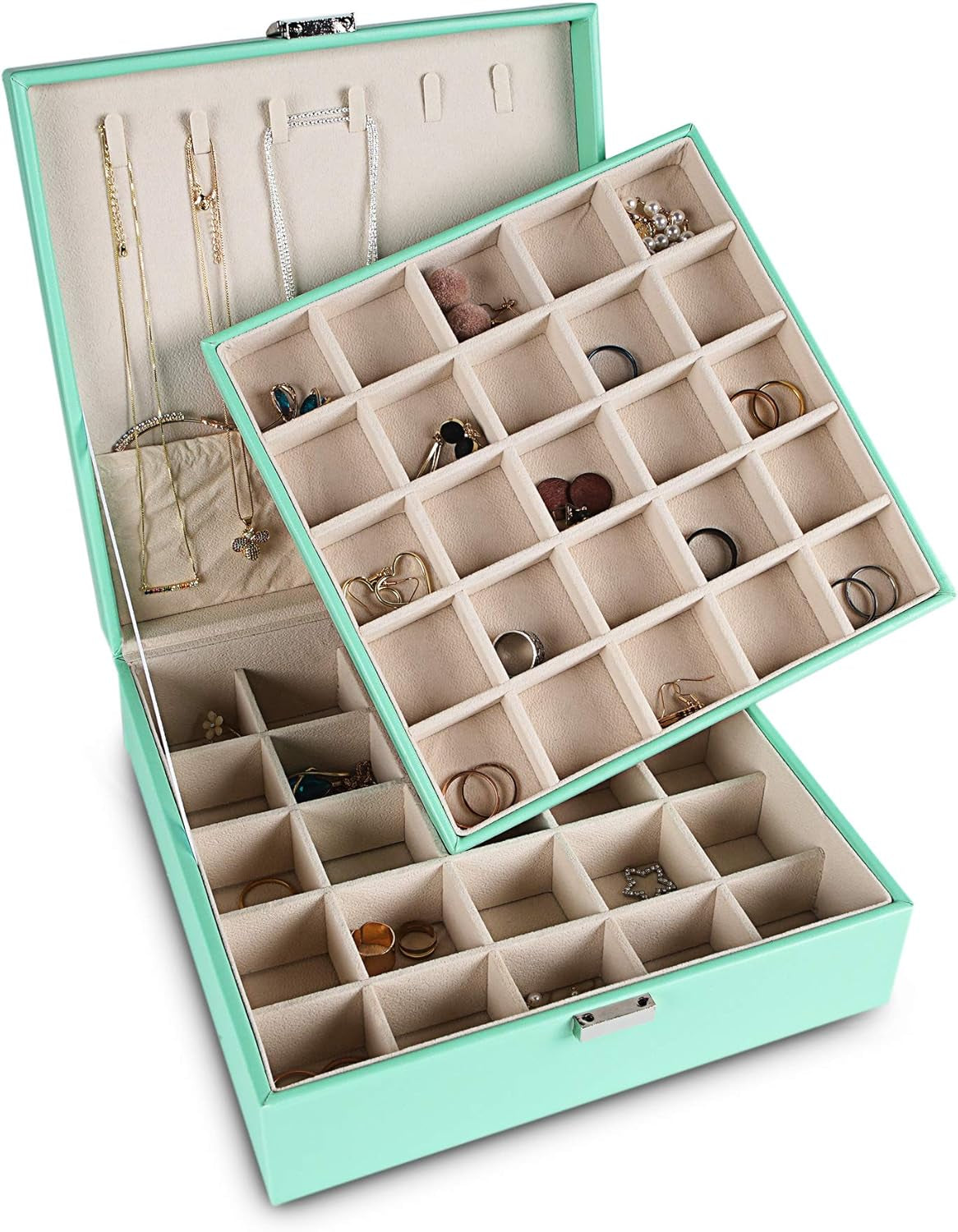 Frebeauty Earring Organizer Classic Jewelry Box 50 Slots Double Layer Jewelry Storage Case with 6 Necklace Hook and Bracelet Pocket(Pearl White)