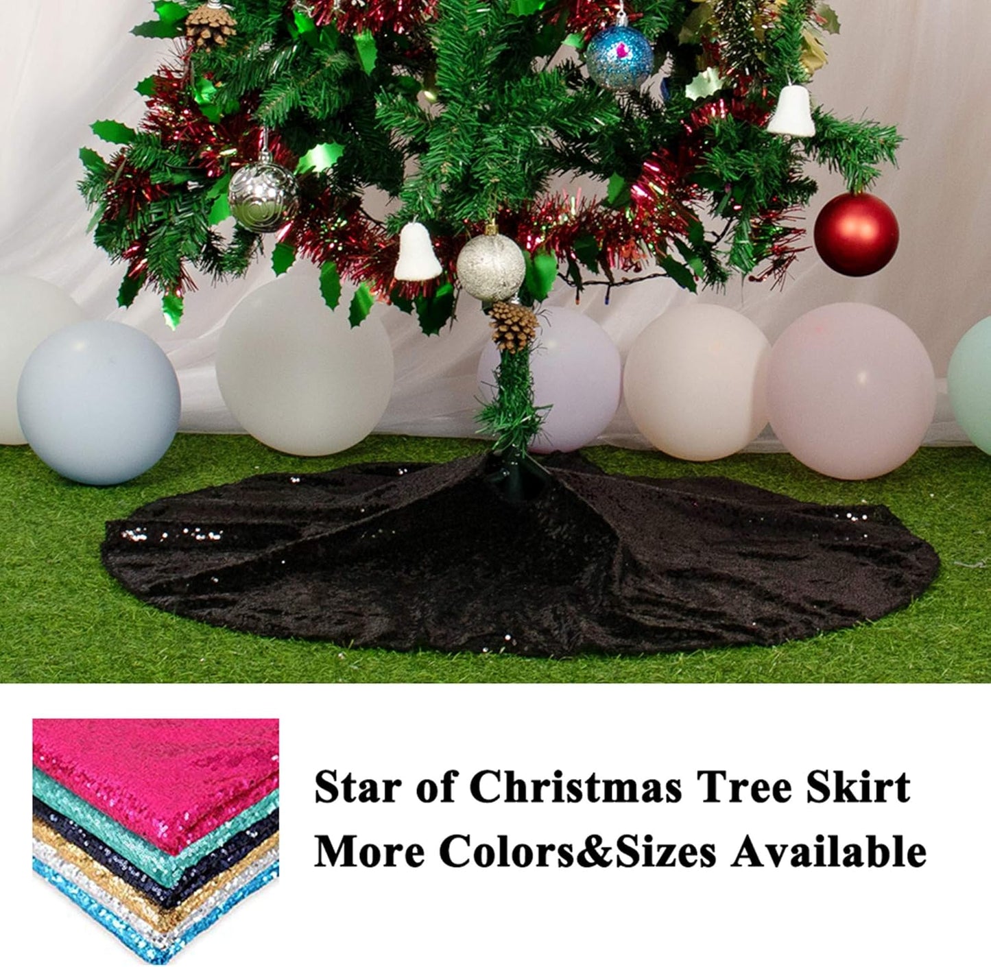 AMZLOKAE 48'' Black Sequin Tree Skirt - Sparkle Christmas/Halloween/Xmas Tree Skirt - Fits 5Ft to 7Ft Trees