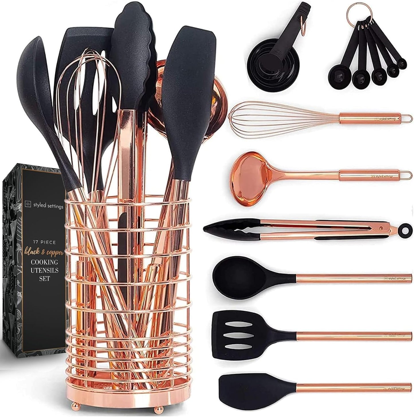 White Silicone and Copper Kitchen Utensils Set with Holder - 17-Piece Rose Gold Cooking Tools for Nonstick Cookware, with Measuring Cups, Spoons, & Utensil Holder - Stylish Copper Kitchen Accessories