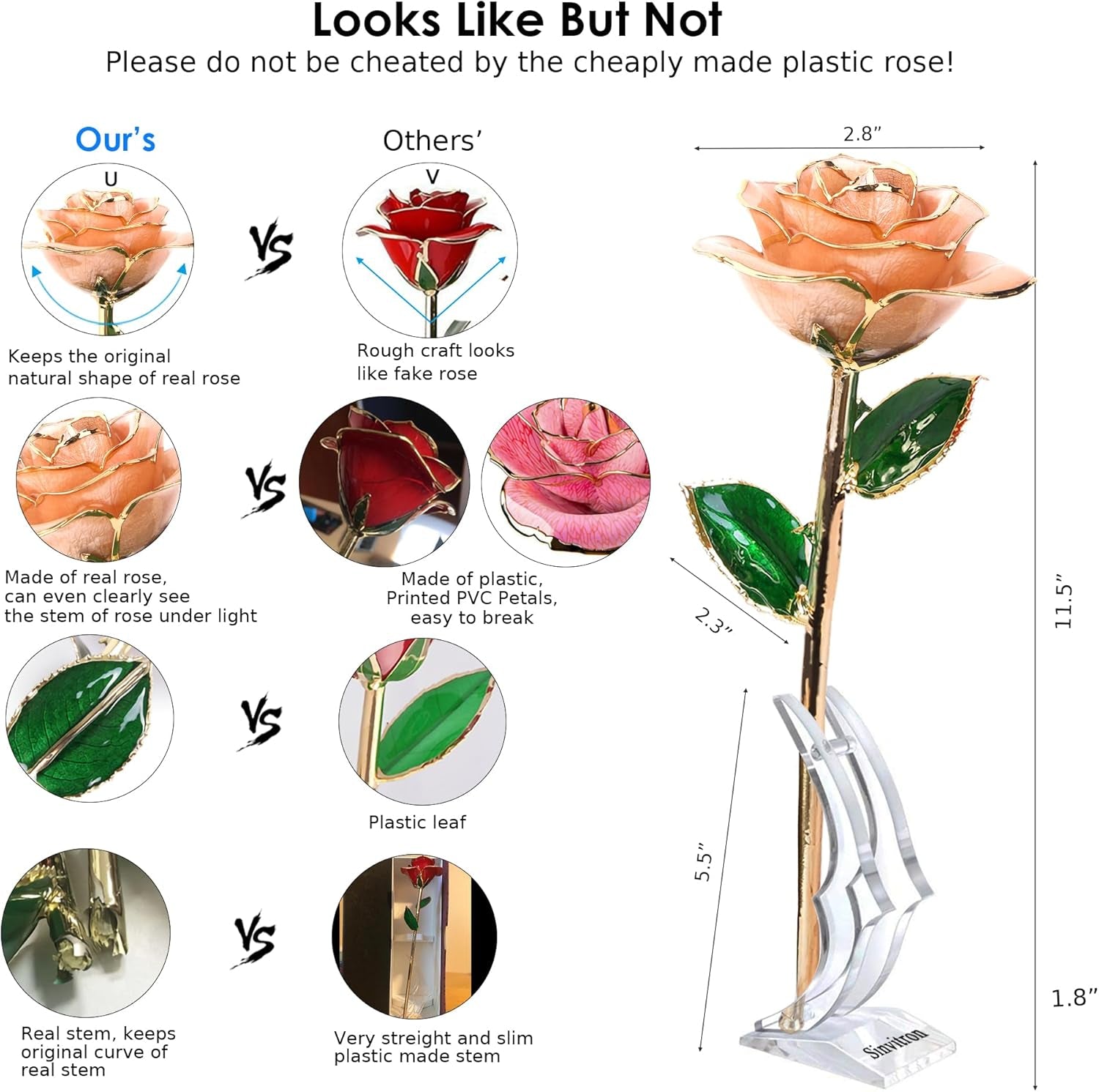 Sinvitron Gold Dipped Infinity Rose Forever Flower Decor, Resin Preserved Real Rose Birthday Gift for Women, Anniversary Present for Mom (Pink)