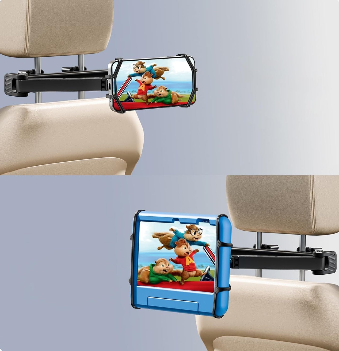 FANGOR Car Headrest Mount Holder, Tablet Holder for Kids in Back Seats, Anti-Slip Strap and Holding Net,Angle-Adjustable/Fits All 7 Inch to 12.9 Inch Tablets