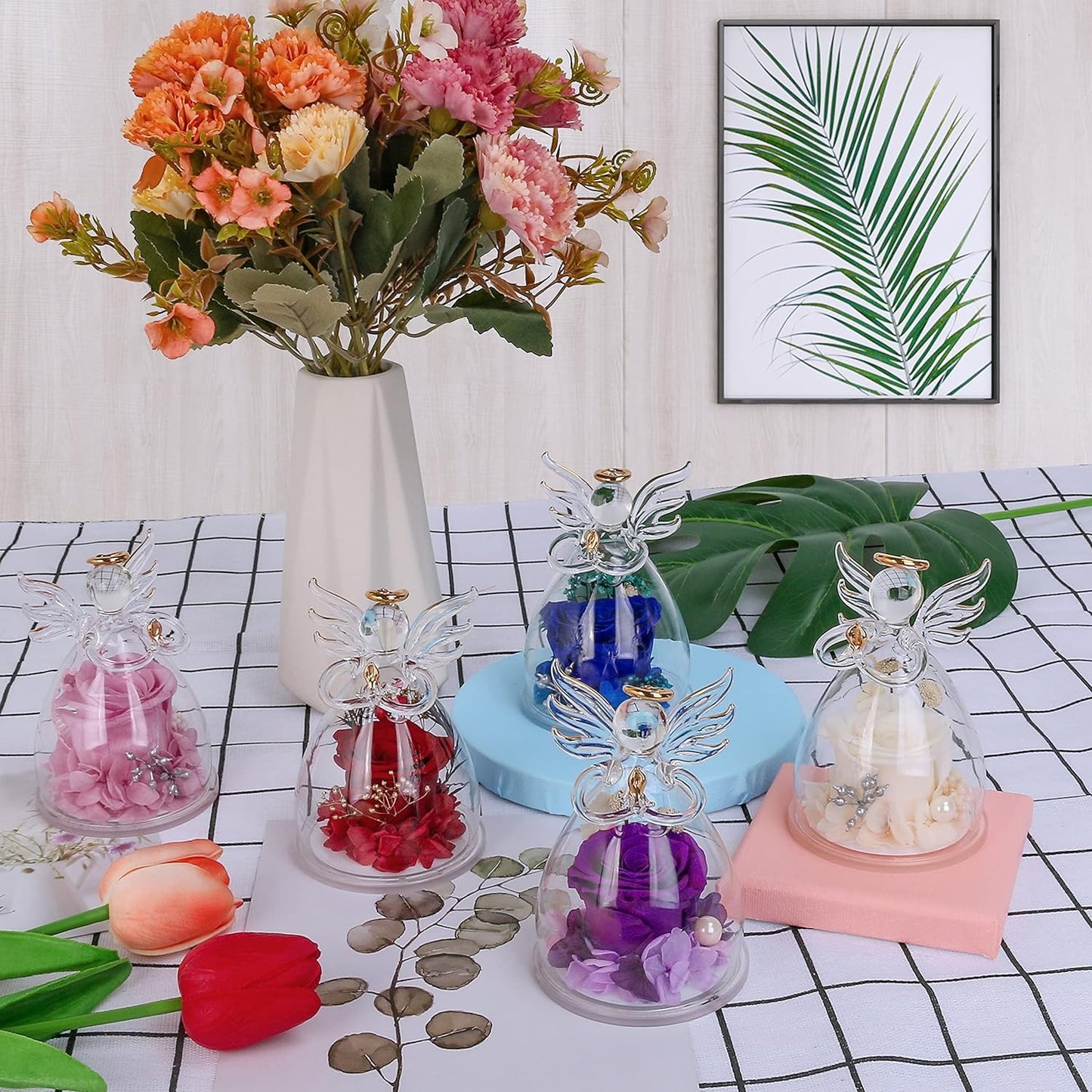 Preserved Flower Rose in Glass Angel Figurines,Moth