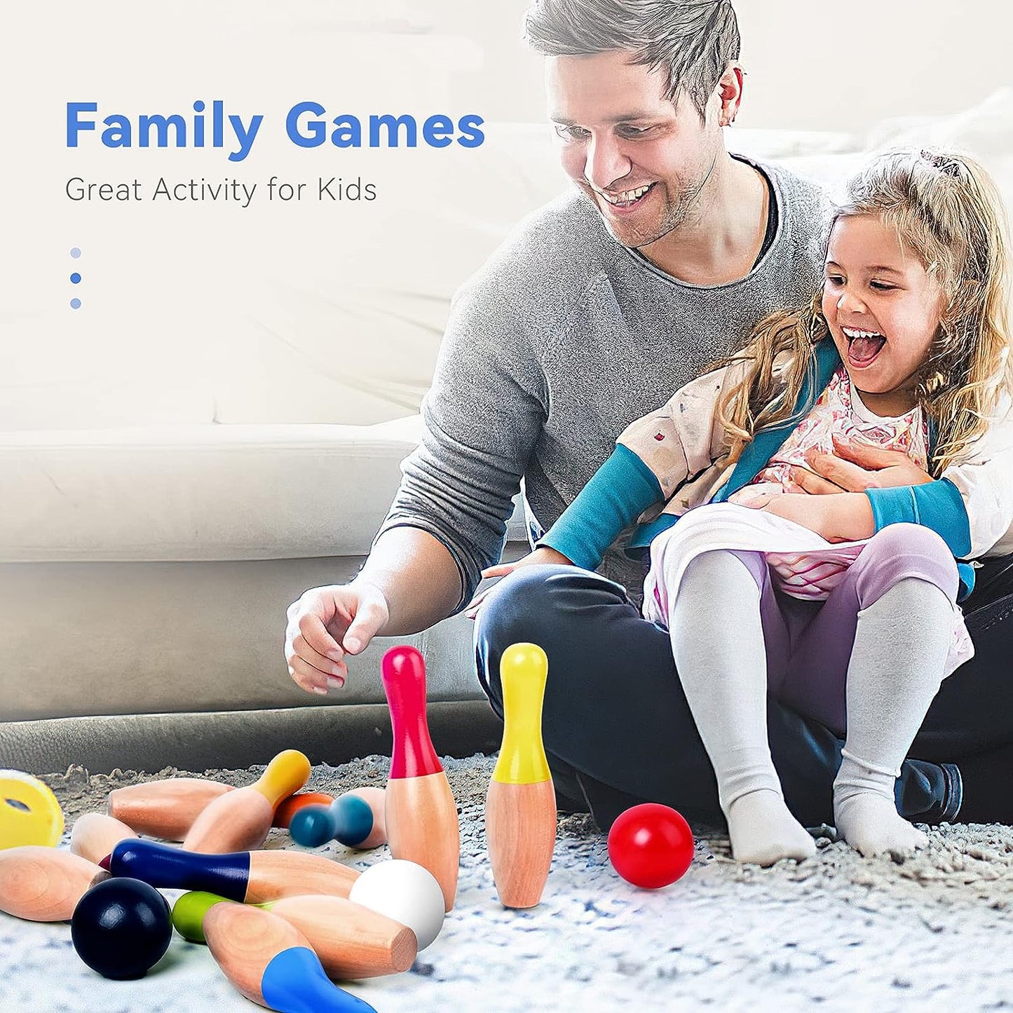 WODI Wood Bowling Backyard Games Wooden Pins Balls,And Mesh Carrying Bag Educational Games Indoor and Outdoor Toys Family Fun for Kids Toddlers and Adults