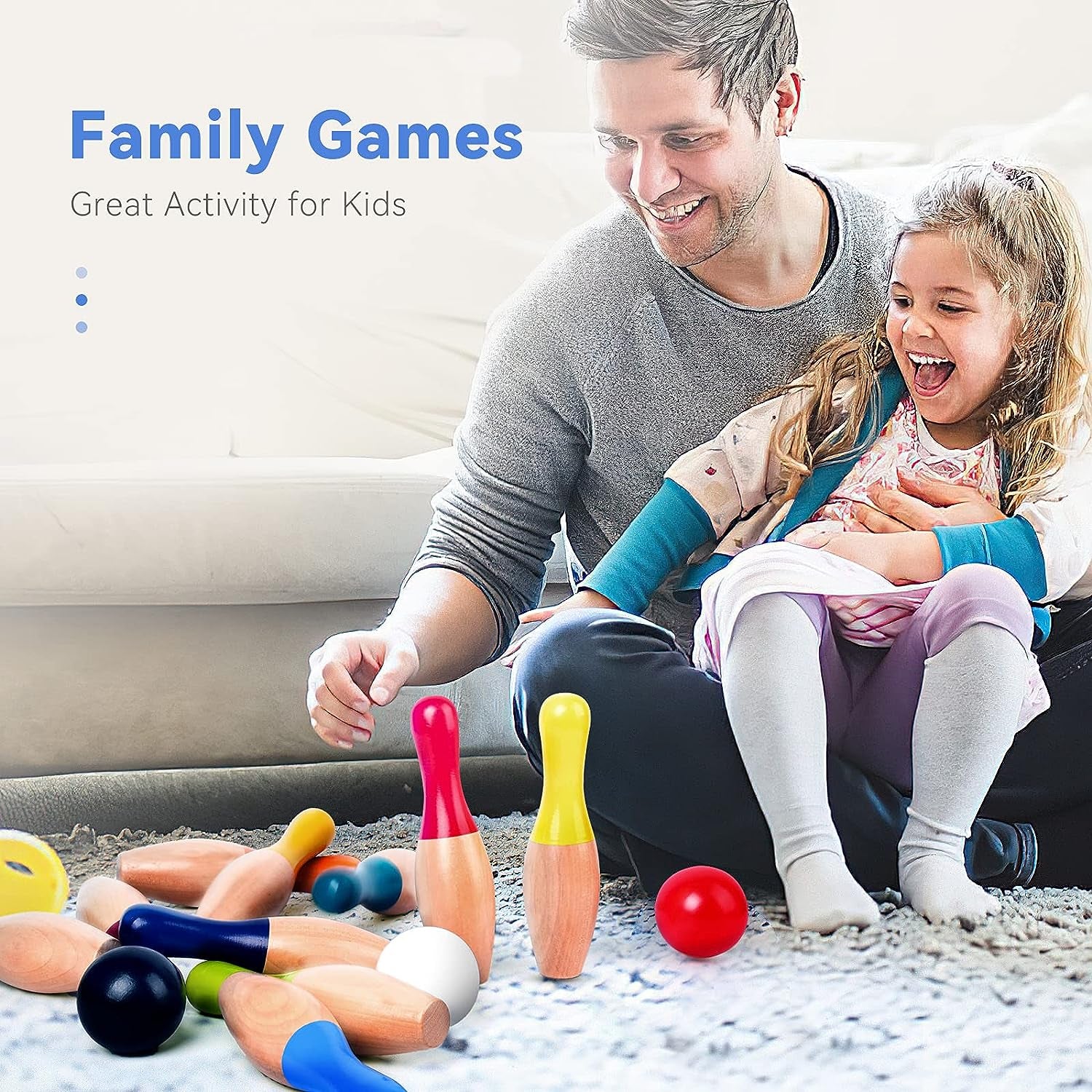 WODI Wood Bowling Backyard Games Wooden Pins Balls,And Mesh Carrying Bag Educational Games Indoor and Outdoor Toys Family Fun for Kids Toddlers and Adults