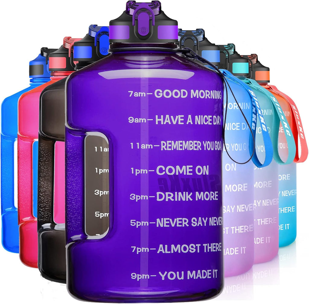 1 Gallon Motivational Sports Water Bottle with Time Marker, BPA Free 128Oz Leak Proof Jug, Black, Plastic, 128 Ounces, Fitness, Sports, Outdoor Activities