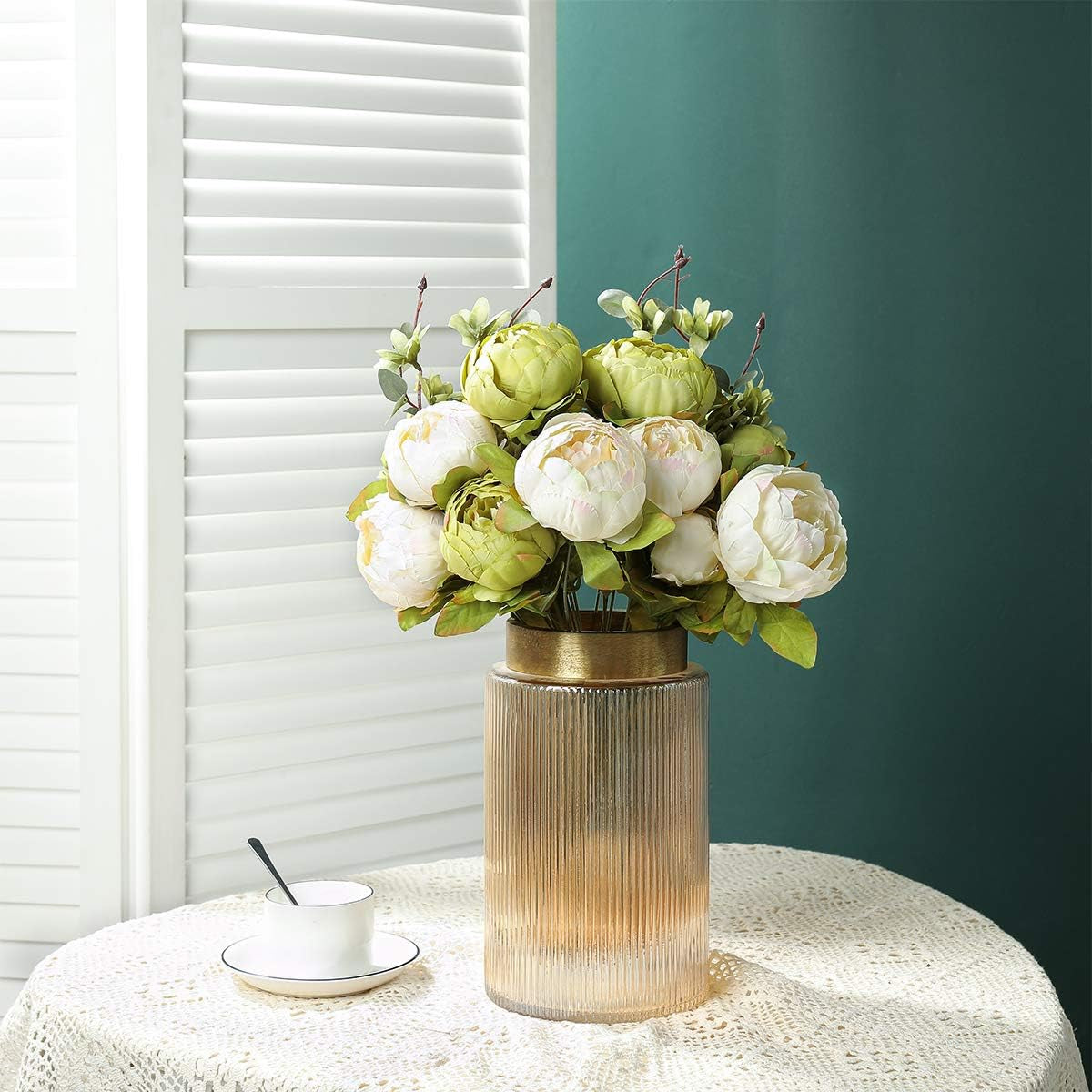 Nubry 2Pcs Artificial Green Peonies Silk Flowers Bouquet Fake Spring Flower for Wedding Home Garden Party Decoration (New Green)