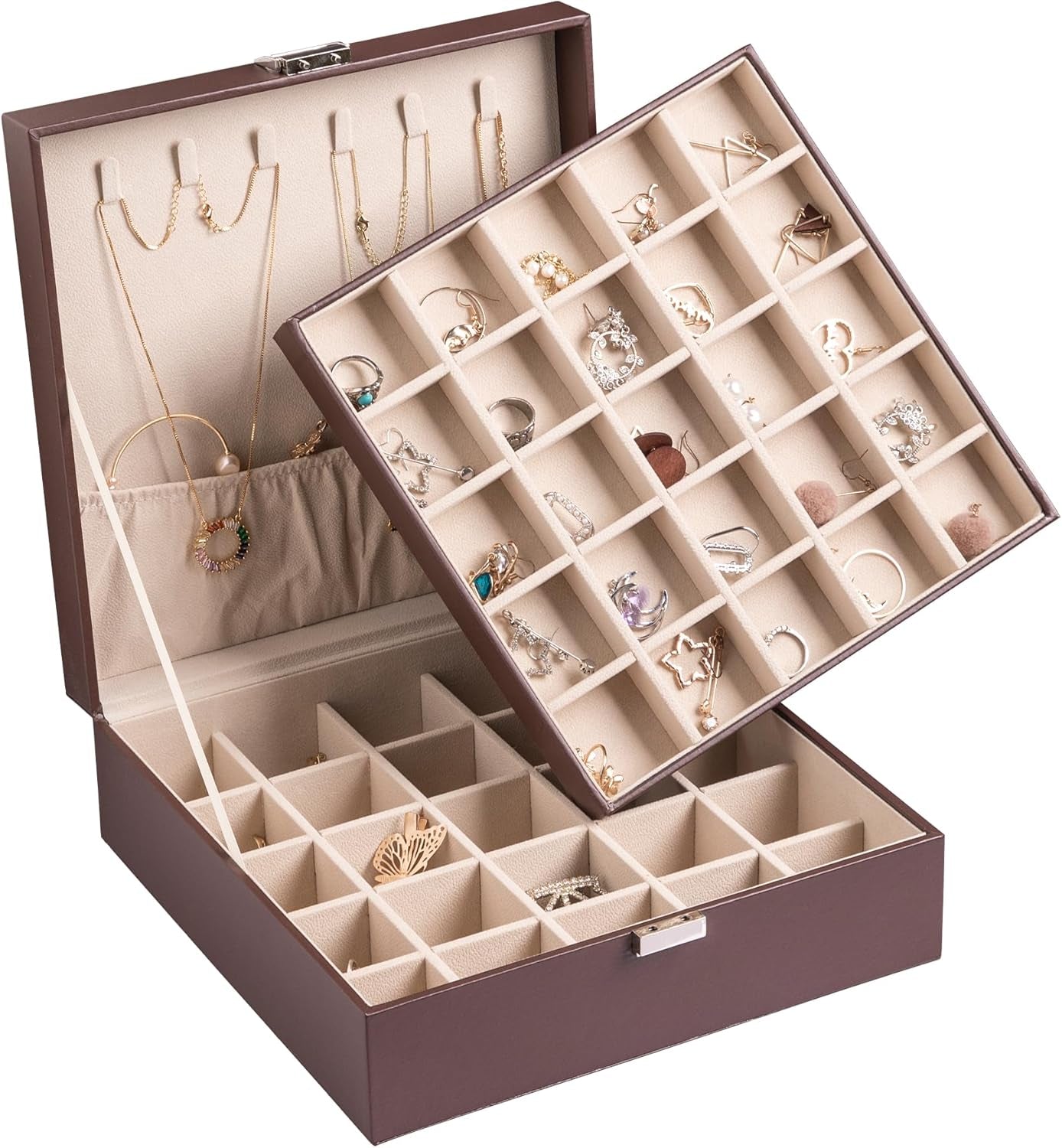 Frebeauty Earring Organizer Classic Jewelry Box 50 Slots Double Layer Jewelry Storage Case with 6 Necklace Hook and Bracelet Pocket(Pearl White)