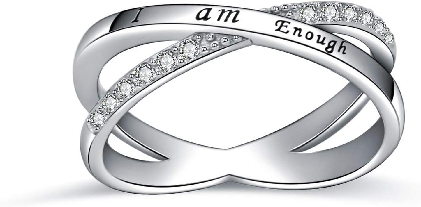 I Am Enough Ring Sterling Silver CZ Ring for Women Girls Size 5-10
