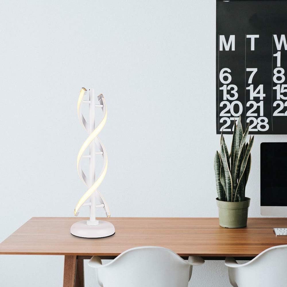 ELINKUME Double Spiral LED Table Lamp, Creative Double Helix Lampbody Matchs Metal Base, 12W Warm White Eye-Caring Dimmable LED Bedside Lamp Decorative Lighting - White