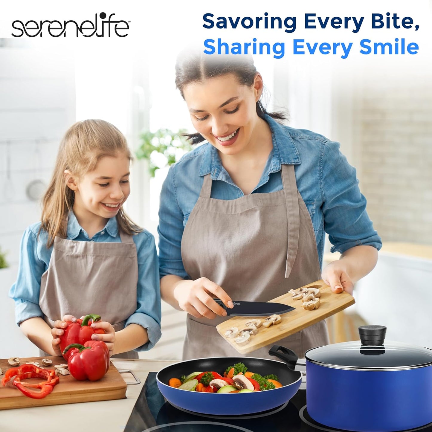 Serenelife 20-Piece Blue Cookware Set with Knives - Includes Multi-Sized Pots and Pans Set Non Stick with Lids and Utensils, Heat Resistant, Dishwasher Safe