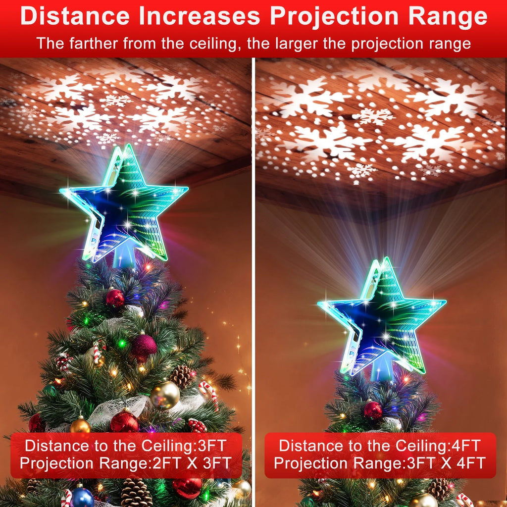 Christmas Star Tree Topper, Double Sided Tunnel Mirror Surface, 12 Lighting Modes, Built-In 6 Projected Patterns, Multi-Color Light
