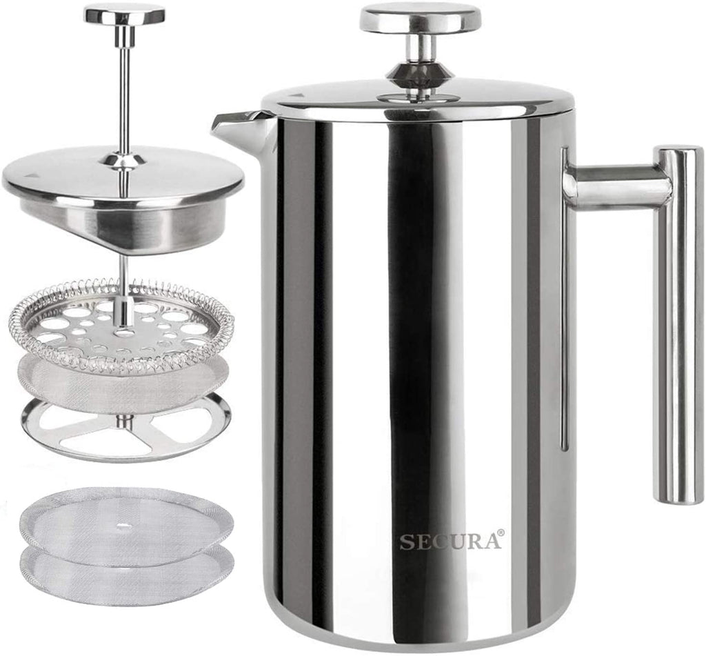Secura French Press Coffee Maker, 304 Grade Stainless Steel Insulated Coffee Press with 2 Extra Screens, 34Oz (1 Litre), Silver