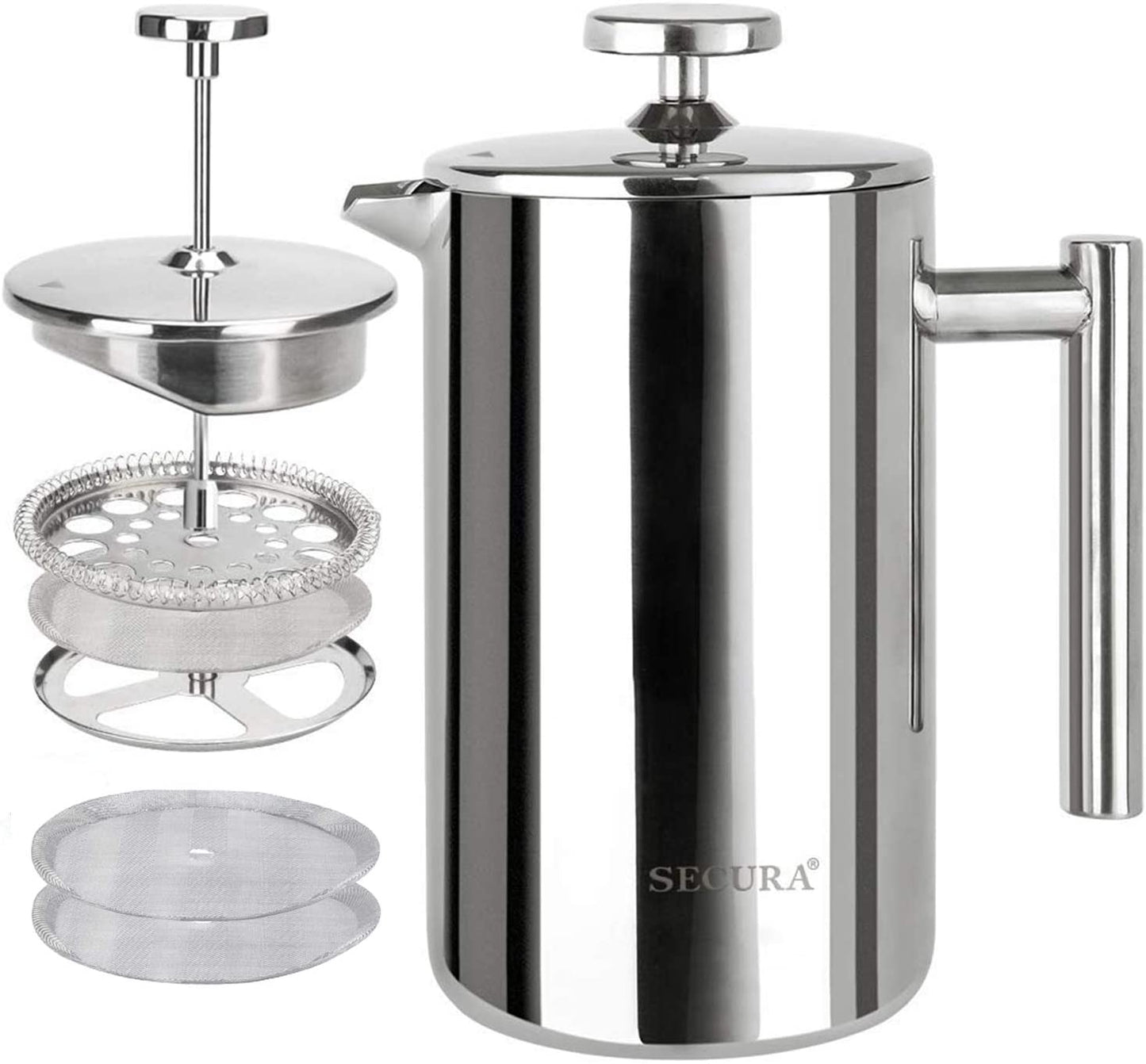 Secura French Press Coffee Maker, 304 Grade Stainless Steel Insulated Coffee Press with 2 Extra Screens, 34Oz (1 Litre), Silver