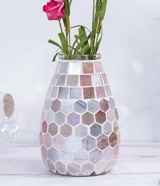 Small Flower Vase for Home Decor, 5" Mosaic Handmade Table Centerpiece Mosaic Accent Container for Office, Living Room, Kitchen, Wedding (Shell Hive)