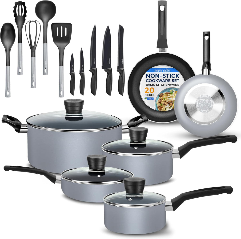 Serenelife 20-Piece Blue Cookware Set with Knives - Includes Multi-Sized Pots and Pans Set Non Stick with Lids and Utensils, Heat Resistant, Dishwasher Safe