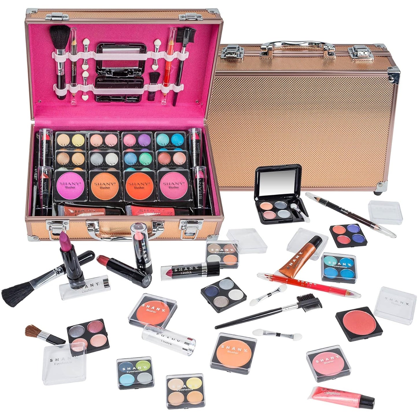 SHANY Carry All Make up Train Case with Pro Makeup Set, Beauty Brushes, Lipsticks, Eye Shadows, Blushes, Powders, and More - Reusable Cosmetics Storage Organizer - Premium Gift Packaging - Leopard