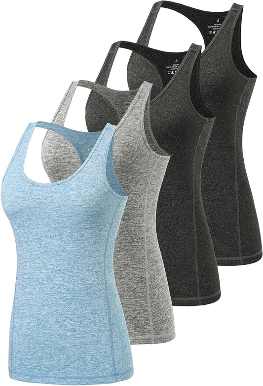 Vislivin Workout Tank Tops for Women Racerback Athletic Tanks Running Exercise Gym Tank Top - 4 Packs Black/Black/Gray/Blue S