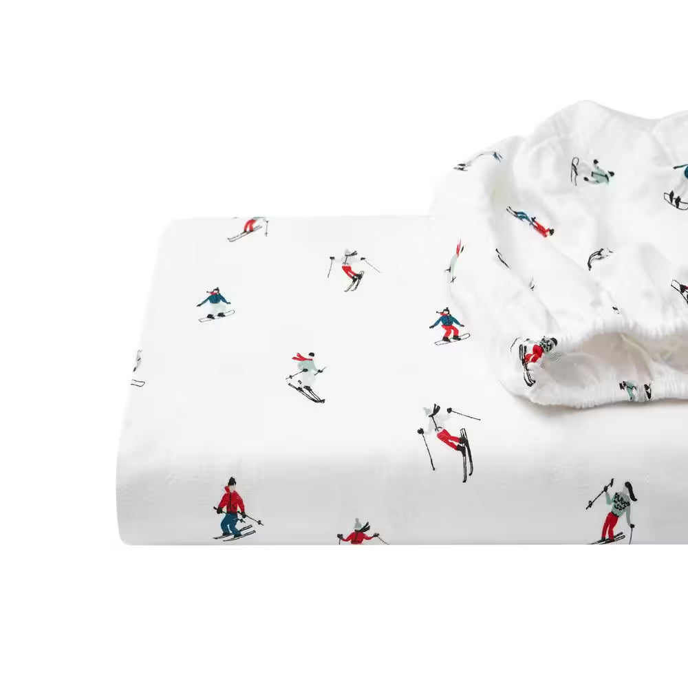 Ski Slope 4-Piece White and Multi-Colored Graphic Flannel King Sheet Set