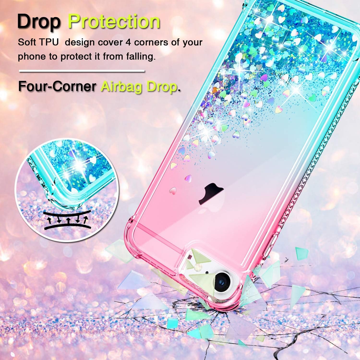 Gritup Iphone SE 2020 Case, Iphone 6/6S/7/8 Case with HD Screen Protector for Girls Women, Cute Clear Gradient Glitter Liquid TPU Slim Phone Case for Apple Iphone SE 2020/6/6S/7/8 Pink/Teal