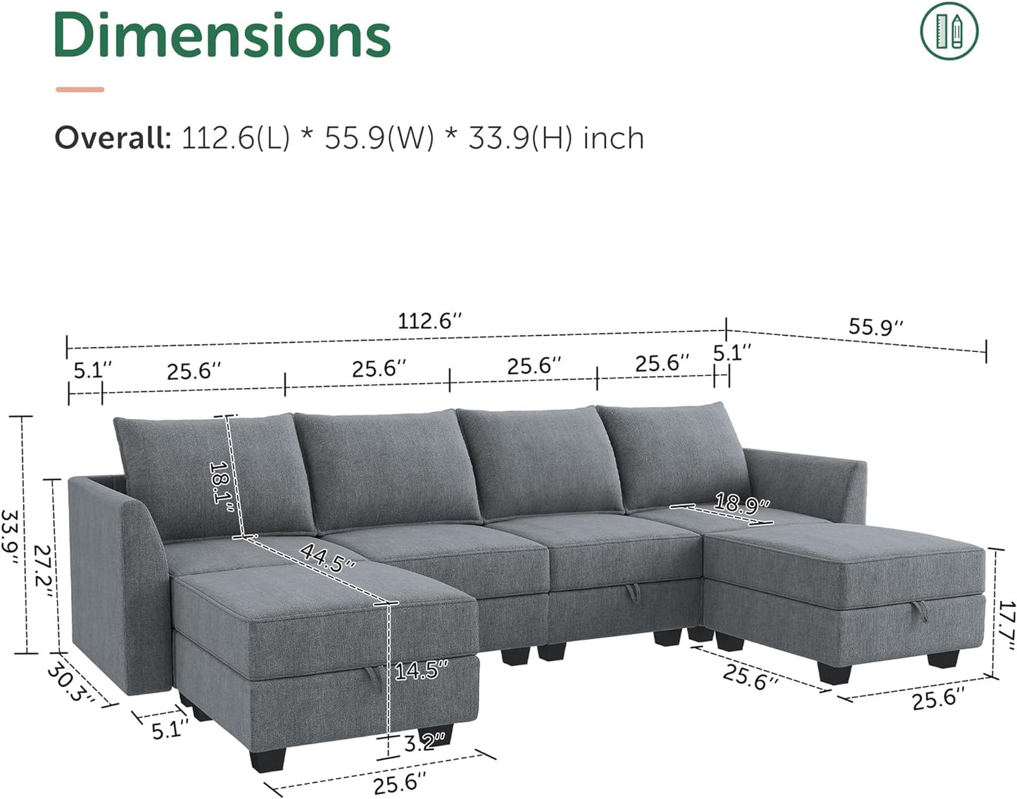 HONBAY Modular Sectional Sofa U Shaped Sectional Couch with Reversible Chaise Modular Couch with Storage, Bluish Grey