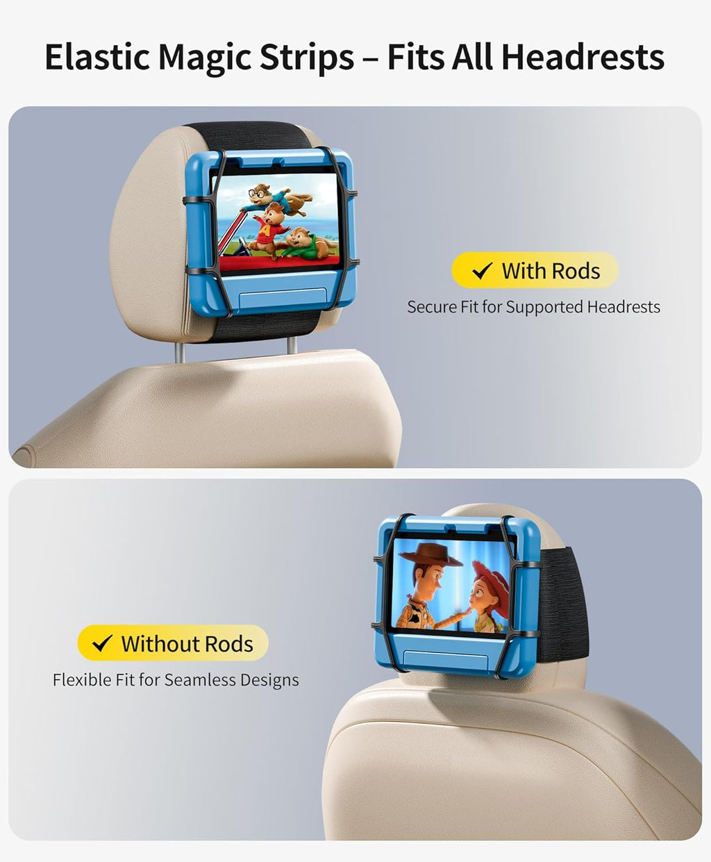 FANGOR Car Headrest Mount Holder, Tablet Holder for Kids in Back Seats, Anti-Slip Strap and Holding Net,Angle-Adjustable/Fits All 7 Inch to 12.9 Inch Tablets