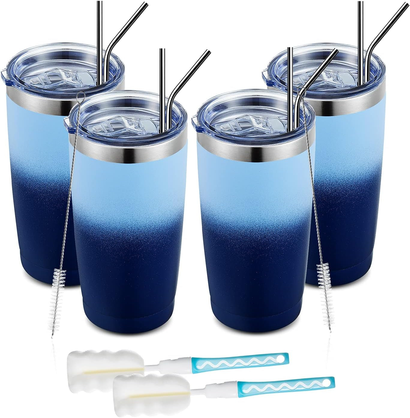 20Oz/4 Pack Stainless Steel Coffee Tumbler with Lid and Straw, Double Wall Vacuum Insulated Travel Mug, Durable Powder Coated Coffee Cups for Hot & Cold Drink (Pansy, 4 Pack)