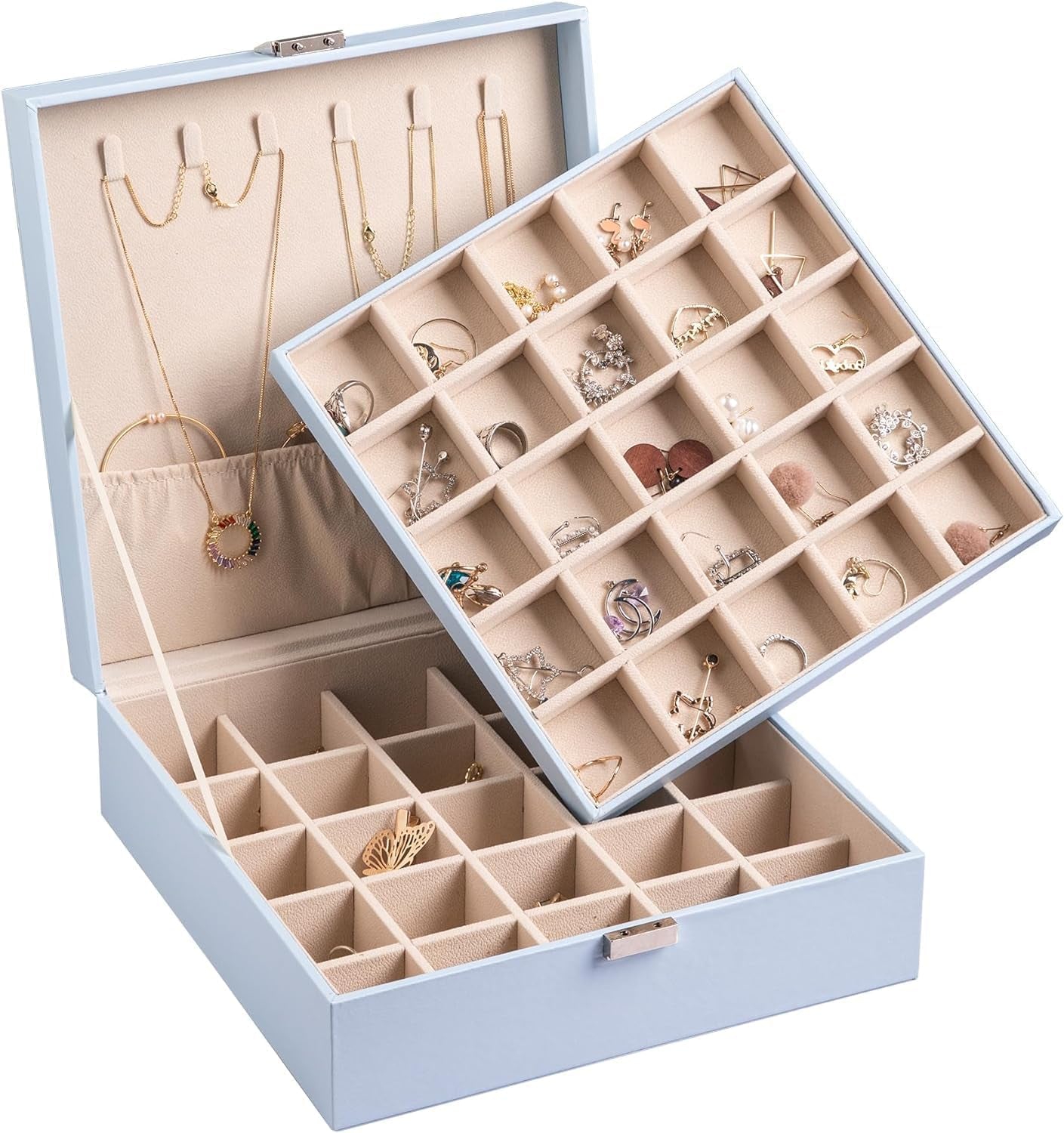 Frebeauty Earring Organizer Classic Jewelry Box 50 Slots Double Layer Jewelry Storage Case with 6 Necklace Hook and Bracelet Pocket(Pearl White)