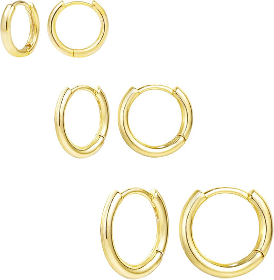 14K Gold Small Huggie Hoop Earrings for Women 925 Sterling Silver Hypoallergenic Cartilage Huggie Hoops Earrings for Men（3 Pairs）
