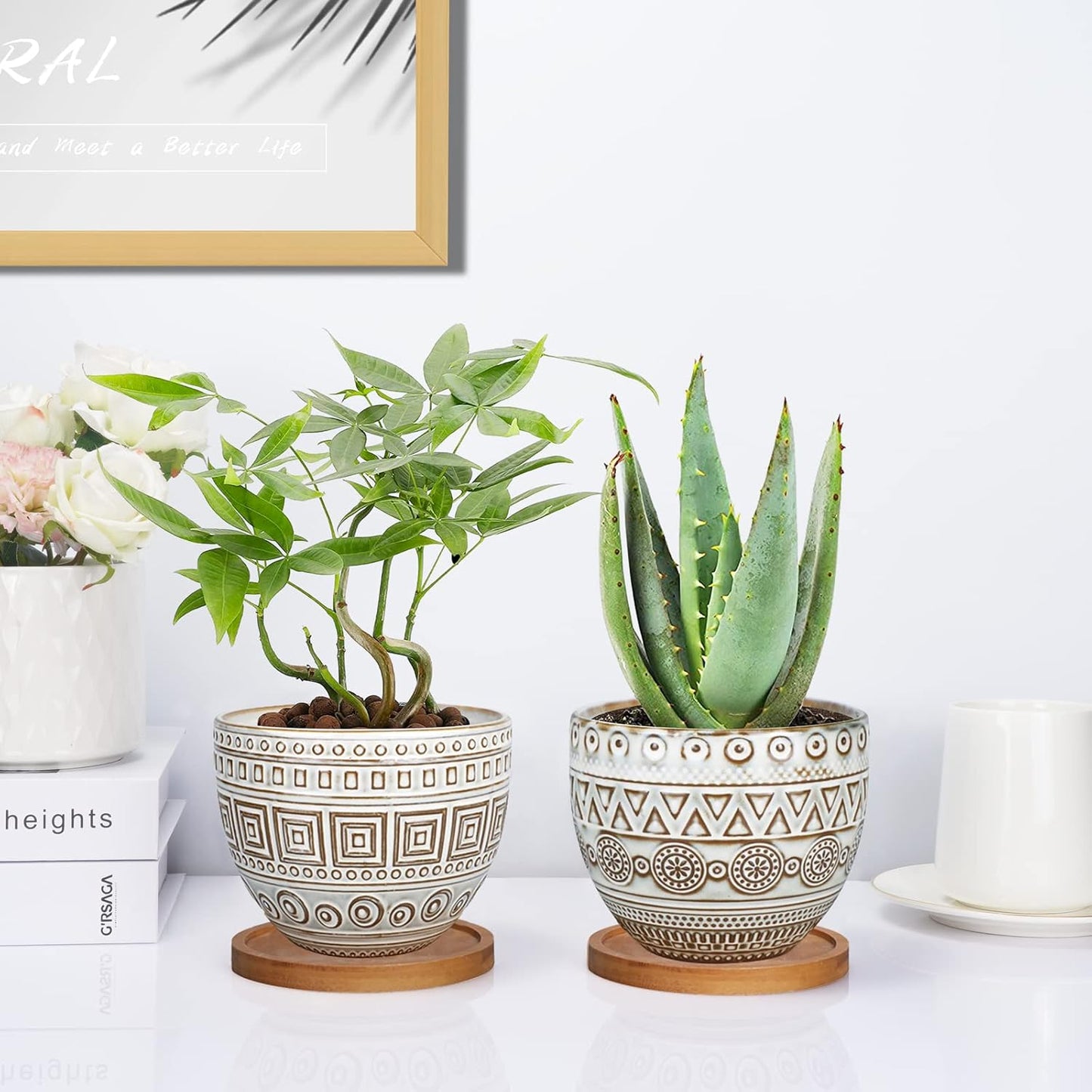 G Epgardening 5.5In Geometry Ceramic Planter Large round Succulent Planter Flower Pot Indoor and Outdoor Brown Set of 2