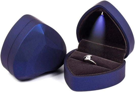 Isuperb Heart Shaped Ring Box LED Light Engagement Ring Boxes Jewelry Gift Box for Proposal Wedding Valentine'S Day Anniversary Christmas (Navy Blue)