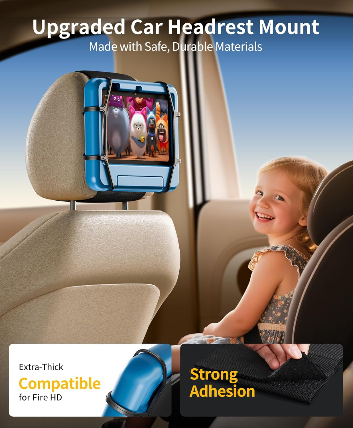 FANGOR Car Headrest Mount Holder, Tablet Holder for Kids in Back Seats, Anti-Slip Strap and Holding Net,Angle-Adjustable/Fits All 7 Inch to 12.9 Inch Tablets