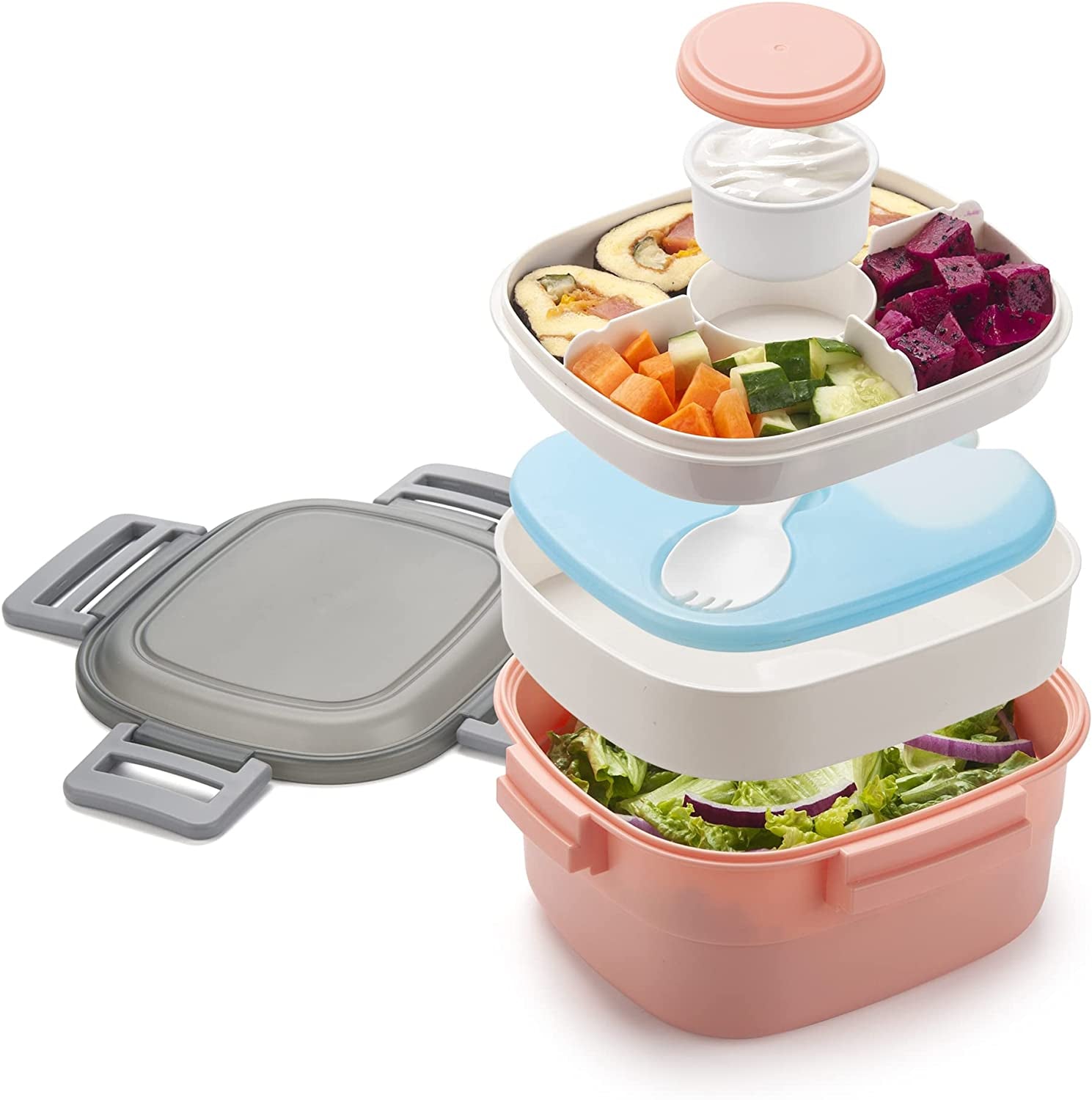 Freshmage Salad Lunch Container to Go, 52-Oz Salad Bowls with 3 Compartments, Salad Dressings Container for Salad Toppings, Snacks, Men, Women (Blue)