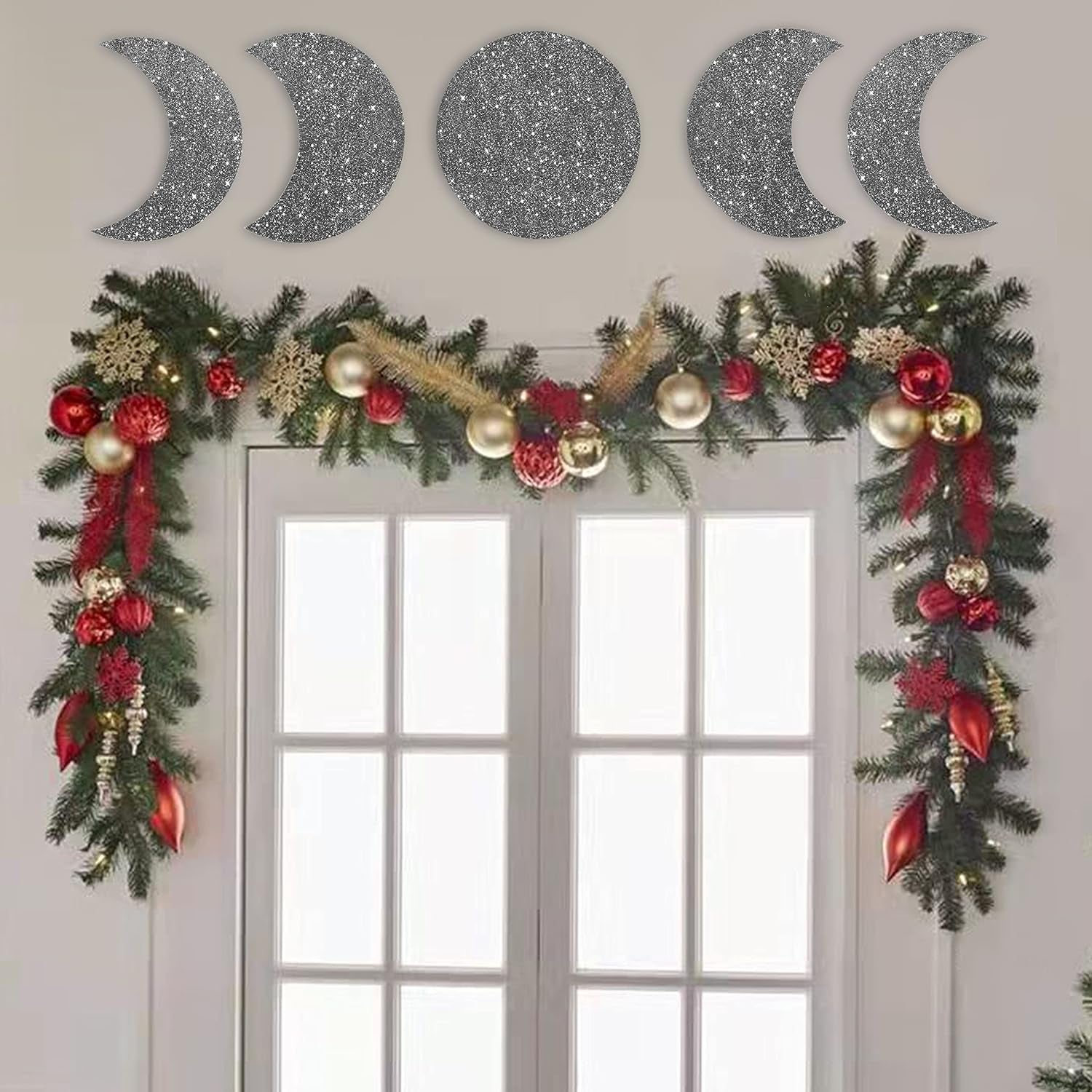 RTMISA Moon Phases Bohemian Décor Witchy Dark Academia Decoration for Wall Room Gothic Scandinavian Natrual Boho Interior Design for Home Living Bed Room Nursery - Silver Glitter